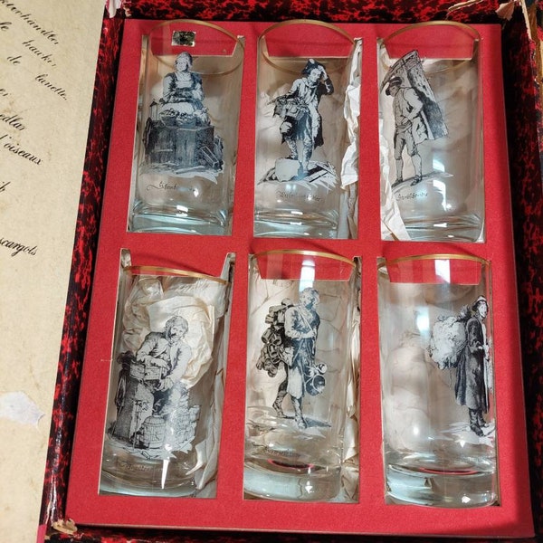 Vintage Glass Set, 18th Century Street Peddlers, Edelglas Wein, Original Box