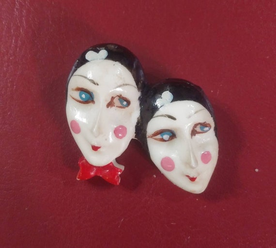 Vintage Deco Painted Celluloid Pierrot Pin - image 1