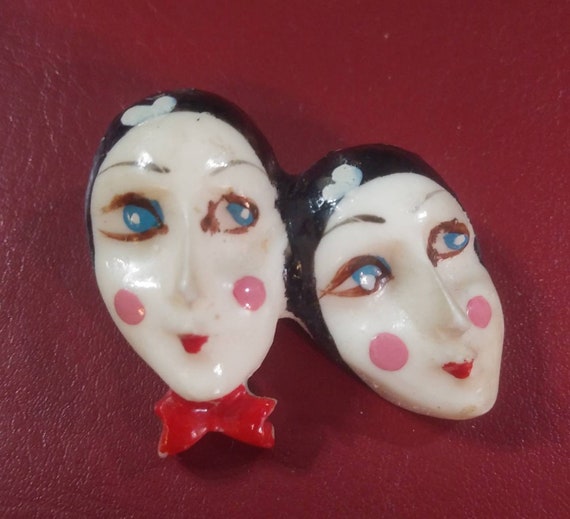 Vintage Deco Painted Celluloid Pierrot Pin - image 2