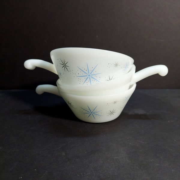 Three Vintage Handled Milk Glass Bowls with Starburst Pattern