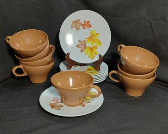 Vintage Melamine Cups and Saucers, Set of Eight, Autumn Leaves Design