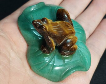 Vintage Carved Tiger's Eye Frog on a Jade Lily Pad