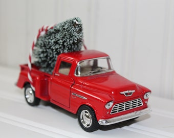 Little red truck with Christmas tree, Christmas decor, farmhouse decor, 1955 Chevy pickup truck, toy truck, vintage inspired pickup truck