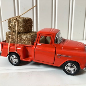 Orange 1955 Chevy Pickup Truck with Hay Bales: Farmhouse Decor