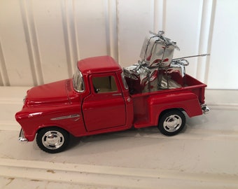 Little Red Truck carrying Three Wrapped Silver Presents, 1955 Chevy Pickup Truck, Vintage Truck, Toy Truck, Christmas Decor, Farmhouse Decor