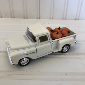 Little White Truck with Four Pumpkins, Fall /Harvest Decor, Farmhouse Decor, 1955 Chevy Pickup Truck, Vintage Inspired Toy Truck