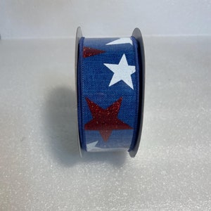 USA Ribbon. 1.5&quot; Blue Star Wired Ribbon, Glitter Star Ribbon, Patriotic Star Ribbon, 4th of July Star Ribbon