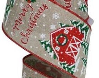 Christmas Ribbon, Barn Ribbon, Farmhouse Ribbon, Merry Christmas Ribbon, 2.5"x 10 Yard Roll, Wire Edge Ribbon, Burlap Ribbon