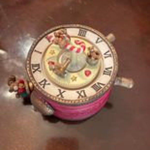 Vintage bear ceramic clock wind-up music box -red Plays  tune-"It's a Small World"