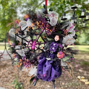 Witch Halloween Wreath: Glitter Spiders, Purple & Black Decor