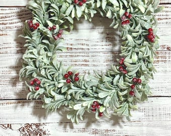 Frosted Lamb's Ear Christmas Wreath – Farmhouse Red Berry Winter Decor