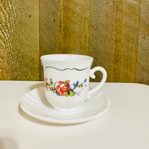 Footed Cup & Saucer Set Provincial by ARCOPAL, Arcopal of France Milk Glass Coffee/Tea Cup saucer set, Provincial Pattern Floral design.
