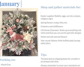 May include: A pink deer figurine sits on a snowy wreath with white and pink flowers. The wreath is decorated with white berries and pine cones. The text "January" is at the top of the image. The text "Shop and gather materials for:" is at the top right of the image. The text "Working on: Mardi Gras" is at the bottom left of the image. The text "Tips" is at the bottom right of the image.
