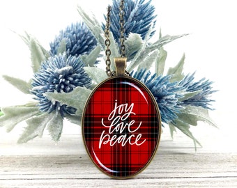 Joy Love Peace- Buffalo Plaid-Large Oval- Glass Bubble Pendant Necklace- Red & Black Plaid-Tartan Plaid