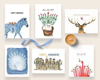 Animal Funny Hanukkah Cards Set - Handmade Menorah Greeting Cards Pack - Unique Watercolor Chanukkah Arts Gift - Liyana Studio Greetings