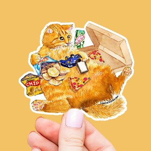 Cat Snacking Gamer Sticker - Pizza Snack Food Sticker For Video Gaming - Nerdy Gamer Vinyl Sticker Waterproof