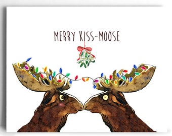 Funny Christmas Card For Boyfriend - Merry Kiss Moose Under Mistletoe