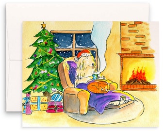 Cozy Warm Dog Sleepy Cat on Laps Hot Tea Fireplace Christmas Tree Christmas Eve Snow Watercolor Winter Holiday Funny Cute Greeting Card