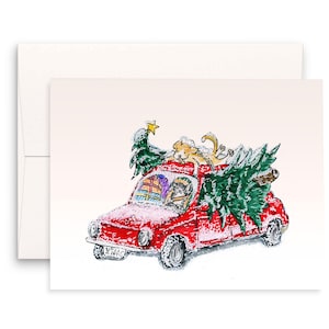 Carte drôle d’arbre de Noël de chien et de chat, apportez l’esprit de vacances à la maison de l’arbre de Noël, carte de conducteur de chat drôle Saison d’hiver Nuit de Noël enneigée