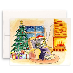 Gemütliche, warme Kitty-Katzen-Weihnachtskarte für Katzenliebhaber, Stille Nacht-Heiligabends-Karte von der Katze, lustige Weihnachtskarte, frohe Weihnachten, Kamin-Karte