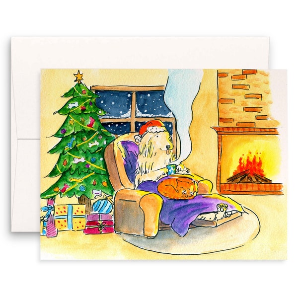 Cozy Warm Dog Sleepy Cat on Laps Hot Tea Fireplace Christmas Tree Christmas Eve Snow Watercolor Winter Holiday Funny Cute Greeting Card