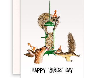 Bird Feeder Funny Birthday Cards For Bird Watching - Bird Birthday Card For Bird Lover - Nature Lover Squirrel Raccoon Deer - Liyana Studio