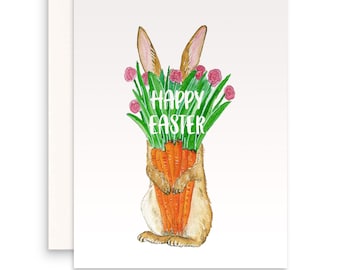 Carrot Flower Bunny Easter Card Pack - Funny Easter Cards For Kids - Watercolor Spring Greeting Card Set For Friends