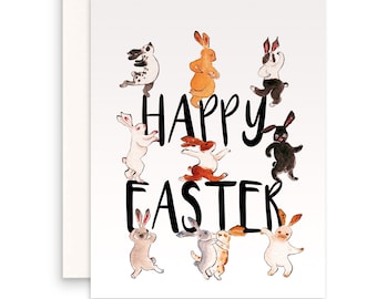 Bunny Dance Funny Easter Card Set - Happy Easter Cards Pack voor kinderen - Aquarel lente wenskaarten voor vrienden