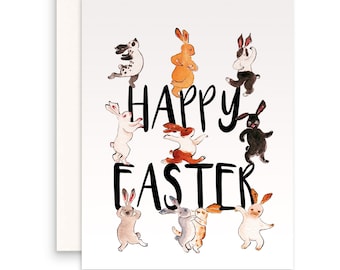 Bunny Dance Funny Easter Card Set - Happy Easter Cards Pack For Kids - Watercolor Spring Greeting Cards For Friends