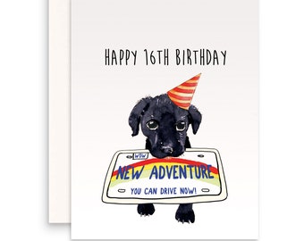 Happy 16th Birthday Card Funny - New Adventure You Can Drive Now - For Black Lab Puppy Dog Lover