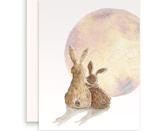 Watercolor Moon Easter Bunny Greeting Card For Her - Handmade Easter Cards For Kids