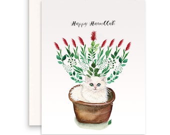 Gardener Cat Menorah Hanukkah Cards Set - Unique Chanukah Art