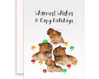 Capybara Holiday Cards For Friends - Hot Spring Bathing Capy Family Funny Christmas Card Set - Happy New Year Cards From Baby -Liyana Studio