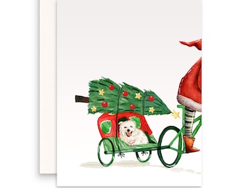 Fietsen grappige kerstkaarten voor kinderen - kerstman Bike Tailer Xmas Tree - schattige witte hond Bichon Frisé