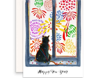 May include: A black cat sits by a window watching colorful fireworks outside. The text "Happy New Year" is written below the window.