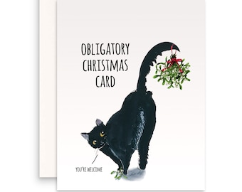 Funny Christmas Cards - Naughty Black Cat Mistletoe - Obligated Holiday Card