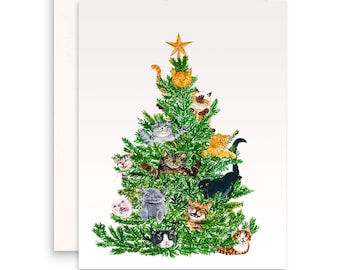 Cat Christmas Tree Card Funny - Cat Lover Gift For Friends - Orange Tabby Siamese Black Cat Cards