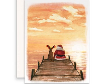 Sunset Christmas Card Set - Santa's Dog Boat Dock Gift For Her - Tropical Beach Christmas In July Lake House Gifts For Him