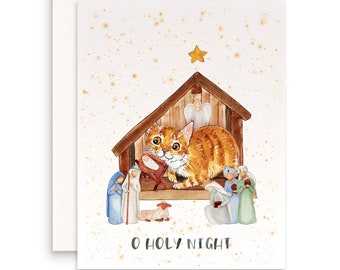 O Holy Night Christmas Cards - Cat Nativity Scene Religious Card