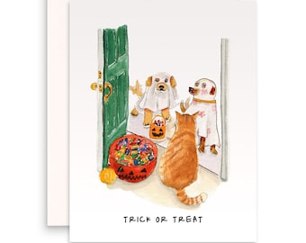 Trick Or Treat Funny Halloween Cards - Happy Halloween Gift From Cat And Dog