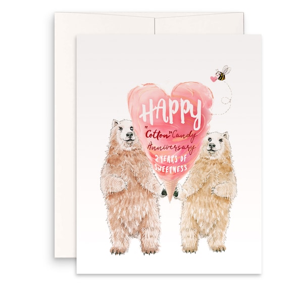 Polar Bear Couple Cotton Anniversary Card For Husband - Cotton Candy 2 Years Sweetness - 2nd Anniversary Gift For Boyfriend