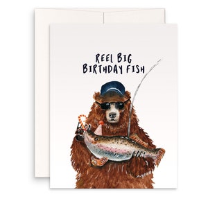 Cartes d'anniversaire drôles avec ours pêcheur - Carte d'anniversaire papa gros poisson avec moulinet pour homme
