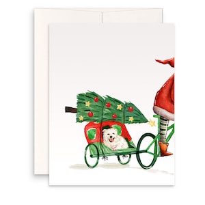 Radfahren Lustige Weihnachtskarten für Kinder - Santa Claus Bike Tailer Xmas Tree - Süßer weißer Hund Bichon Frise