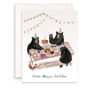 Black Bear Birthday Cards For Her - Picnic Kids Birthday Party Card - Whimsical Woodland Animals Birthday Card Funny - Liyana Studio