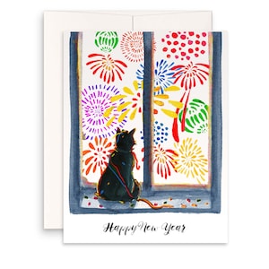 Cartes Happy New Year 2025 - Cadeaux chat noir et feux d'artifice pour le réveillon du Nouvel An pour maman