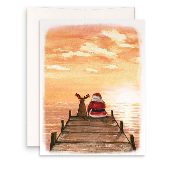 Sunset Christmas Card Set - Santa's Dog Boat Dock Gift For Her - Tropical Beach Christmas In July Lake House Gifts For Him