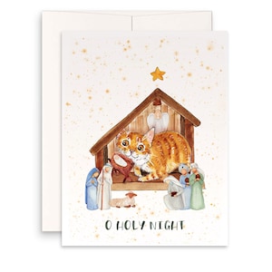 Cartes de Noël O Holy Night - Carte religieuse de scène de la Nativité de chat