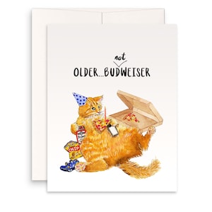 Beer Pizza Gamer Cat Birthday Card Funny - Older But Not Wiser - Orange Tabby Cat Birthday Cards For Friends