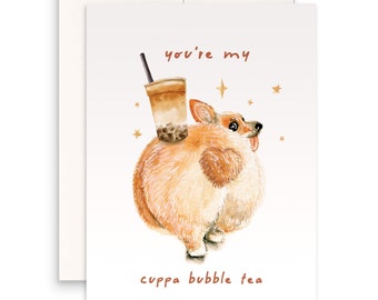 Corgi Boba Tea Valentines Day Card For Boyfriend - Cute Boba Card For Her - I Love You Card For Girlfriend