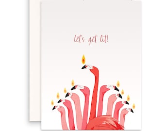 Funny Flamingos Hanukkah Card - Let's Get Lit